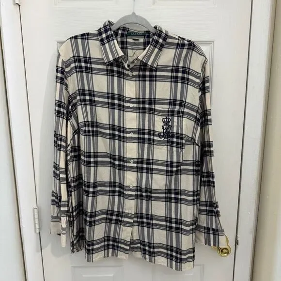 Lauren Ralph Lauren Crest Flannel Button Down Shirt Size Large Blue Plaid - Picture 2 of 5